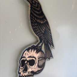Raven & Skull Mixed Media Wall Art - Linocut On Wood Cutout Original - thumbnail 3