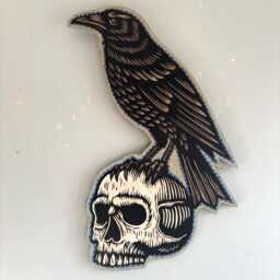 Raven & Skull Mixed Media Wall Art - Linocut On Wood Cutout Original - thumbnail 1
