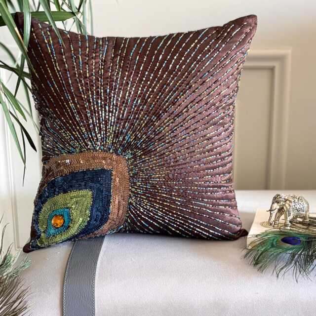 Beaded Birds Pattern Brown Art Silk Pillow Sham, 24x24/26x26 Modern Euro Sham - Peacock Sparkle - image 1