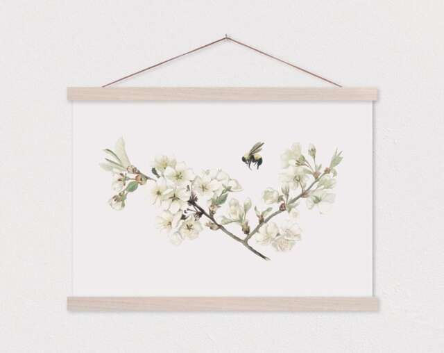 Hanger Frames - Bee Blossom Design Printed On Canvas With Wood Poster Hanger - Gift For Her - Floral Wall Decor-Canvas Print Art - image 1