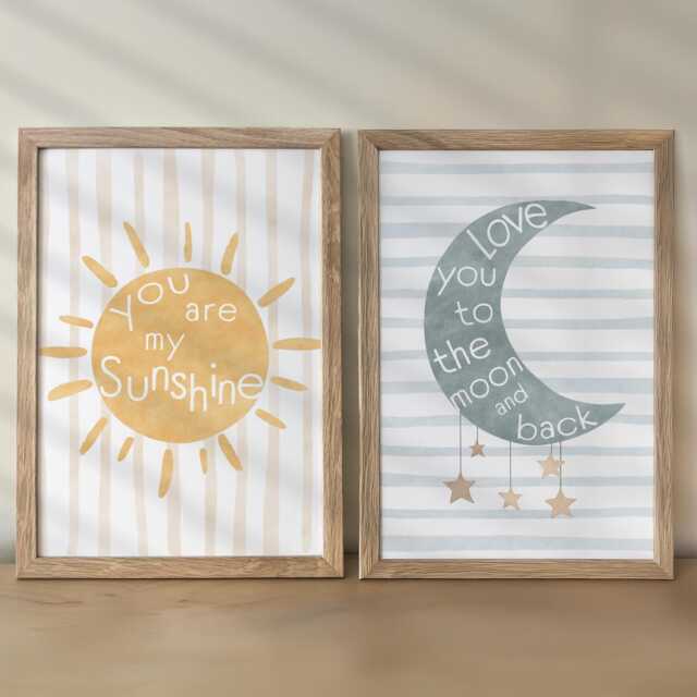 Boho Nursery Wall Prints, Moon & Sun Prints For Baby's Room, Gender Neutral Framed Kids Bedroom Decor, Playroom Posters - image 1