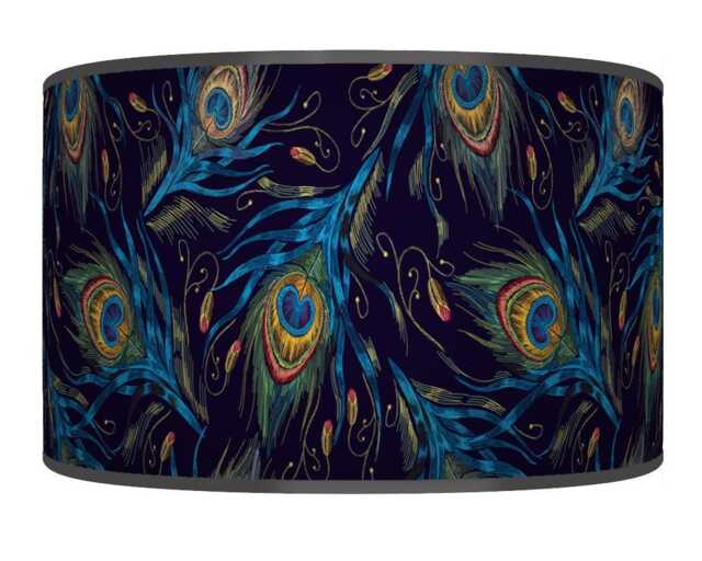 Peacock Feather Lampshade - Navy Blue Drum Pendant Light Handmade Ceiling Shade For Boho Or Glam Home Decor - image 1