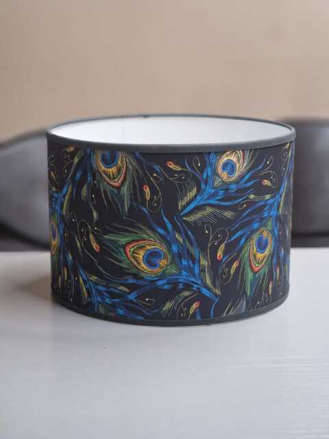 Peacock Feather Lampshade - Navy Blue Drum Pendant Light Handmade Ceiling Shade For Boho Or Glam Home Decor - image 1