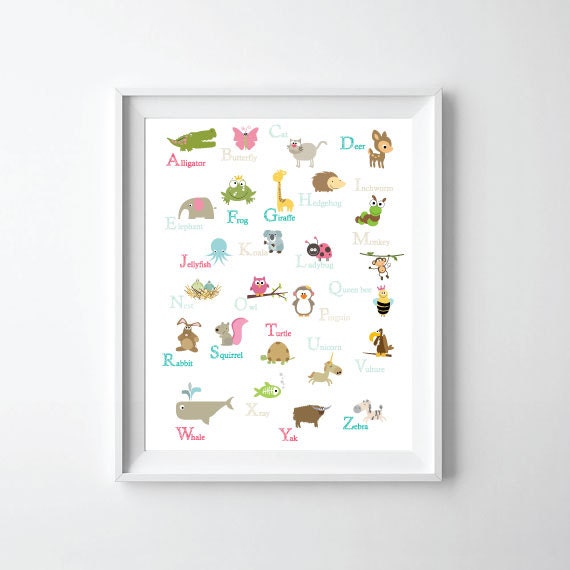 Alphabet Poster - Abc Poster Animals Nursery Wall Art For Kids Animals- Nursery Decor