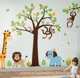 Children Wall Decal Safari Tree Decal Jungle Animals Huge Set Nursery Kids Playroom Vinyl Sticker Decor Baby
