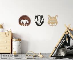 Woodland Set Of 3 - Hedgehog, Fox, Badger Wooden Wall Art Home Nursery Childrens Room Bedroom Playroom Forest Decor Scandi