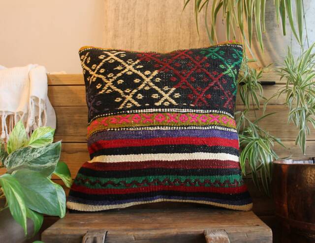 40cm - 16Inch Boho Kilim Cushion Cover Handwoven - Strong Colours Dark Moody Tones - image 1