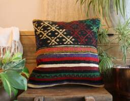 40cm - 16Inch Boho Kilim Cushion Cover Handwoven - Strong Colours Dark Moody Tones