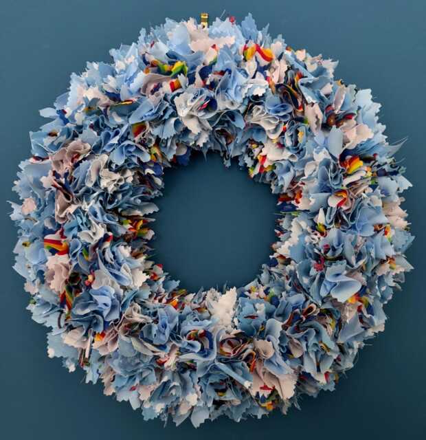 Bright Blue Rag Wreath - Handmade Patterned & Plain Fabrics Indoor Shabby Chic Quirky Wall Or Door Decor Perfect For Nursery - image 1