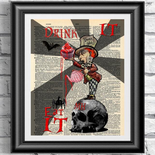 Alice in Wonderland Art Print Gothic Mad Hatter On Antique Dictionary Page - image 1