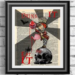 Alice in Wonderland Art Print Gothic Mad Hatter On Antique Dictionary Page - thumbnail 1