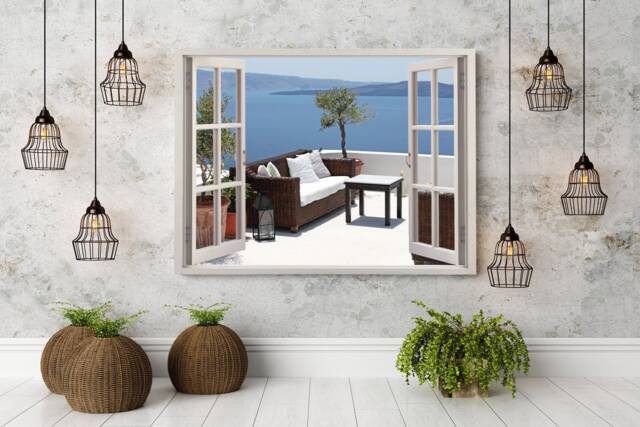 3D Wall Sticker Window Terrace With Sea View/Santorini Decals Decal Greece Seaside Self-Adhesive Beach Mural Wallpaper - image 1