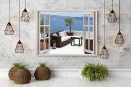 3D Wall Sticker Window Terrace With Sea View/Santorini Decals Decal Greece Seaside Self-Adhesive Beach Mural Wallpaper - thumbnail 1