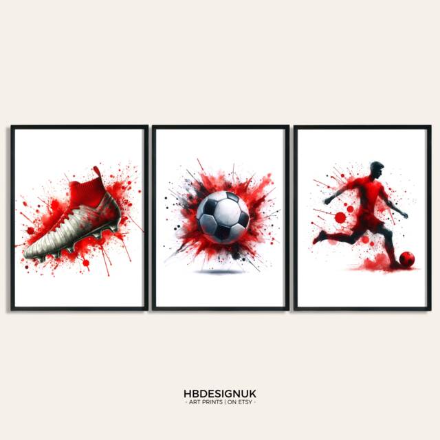 Football Wall Art Prints - Set Of 3 Soccer - Boys Bedroom Decor Teen Room Red Print Poster - image 1