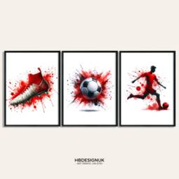 Football Wall Art Prints - Set Of 3 Soccer - Boys Bedroom Decor Teen Room Red Print Poster - thumbnail 1