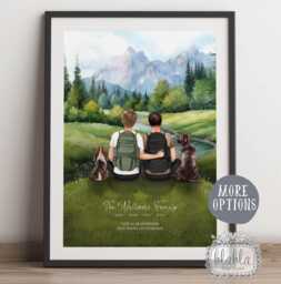 Gay Couple Personalised Gift, With Pets & Pet, Family Illustration, Anniversary Gift For - thumbnail 1