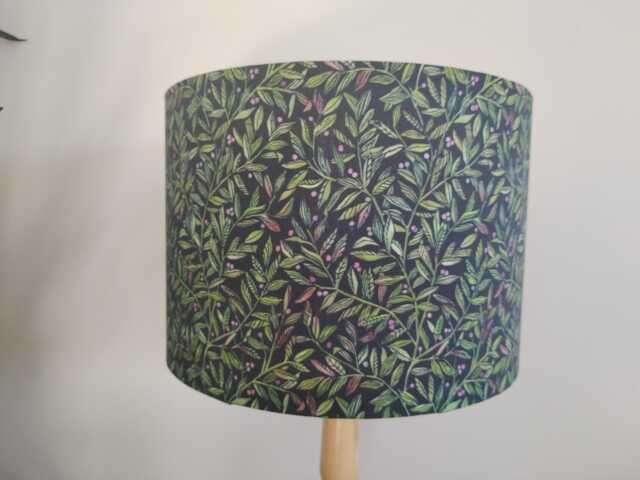 Leaf Berry Lampshade Handmade Dark Green Foliage With Berries On Black Cotton Fabric Drum Lamp Shade Ceiling Pendant Or Table Floor - image 1