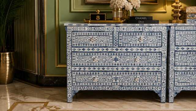 Designer Bone Inlay Blue Floral Pattern Chest Of 4 Drawers - image 1