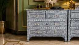 Designer Bone Inlay Blue Floral Pattern Chest Of 4 Drawers