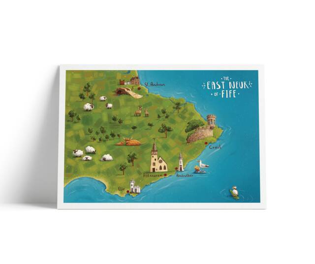 New East Neuk Of Fife Illustrated Map - Elie Pittenweem Anstruther Crail St Andrews Isle May Whimsical Print - image 1