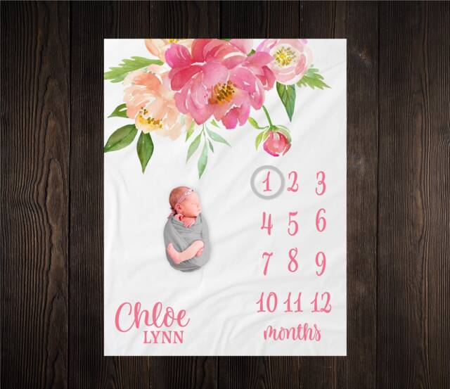 Peony Flower Milestone Blanket Personalized Monthly Growth Tracker Custom Baby Shower Gift Watercolor Pink Floral For Newborn - image 1