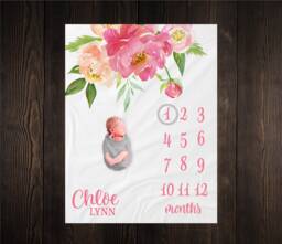Peony Flower Milestone Blanket Personalized Monthly Growth Tracker Custom Baby Shower Gift Watercolor Pink Floral For Newborn - thumbnail 1