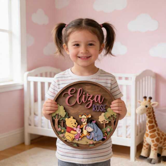 Personalized Winnie The Pooh Name Sign, Woodland Nursery Decor, Forest Baby Room Wall Art, Custom Kids Door Plaque - image 1