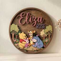 Personalized Winnie The Pooh Name Sign, Woodland Nursery Decor, Forest Baby Room Wall Art, Custom Kids Door Plaque - thumbnail 3
