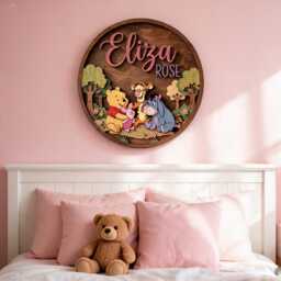 Personalized Winnie The Pooh Name Sign, Woodland Nursery Decor, Forest Baby Room Wall Art, Custom Kids Door Plaque - thumbnail 4