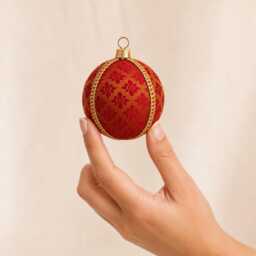 Fabric Christmas Bauble 8cm - Gold Red Buti Geometric Brocade Ornament Handmade Indian Decor Boho Gift - thumbnail 2
