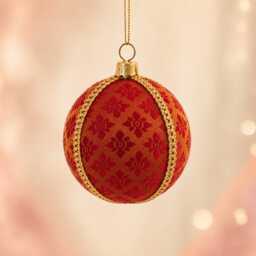 Fabric Christmas Bauble 8cm - Gold Red Buti Geometric Brocade Ornament Handmade Indian Decor Boho Gift - thumbnail 3