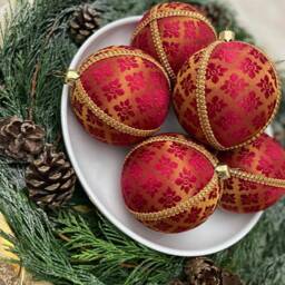 Limited Edition Red & Gold Brocade Bauble - Handmade Upcycled Fabric Christmas & Diwali Decor Wedding + Party Favour 8 cm 10 - thumbnail 2
