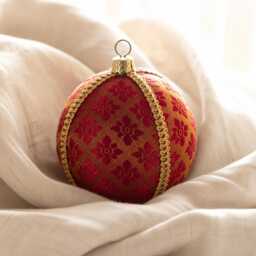 Fabric Christmas Bauble 8cm - Gold Red Buti Geometric Brocade Ornament Handmade Indian Decor Boho Gift - thumbnail 1