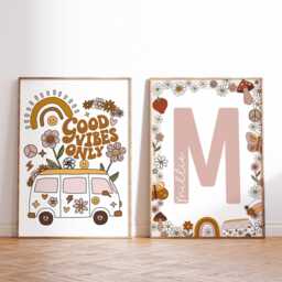 Boho Nursery Print Set - Girls Letter Good Vibes Only Playroom Decor Unframed - thumbnail 1
