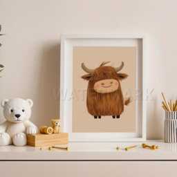 Highland Cow Print, Nursery Wall Prints, Animals, Sage Green Art, Animal Decor, Cute Animal Prints - thumbnail 3