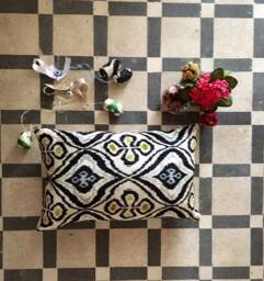 Black Velvet Ikat Pillow Cover Handcrafted Uzbek Silk Cushion - thumbnail 1