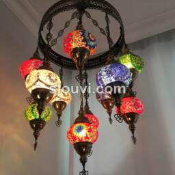 11 Ball Turkish Sultan Mosaic Chandelier - Handmade Design With Medium Globes - thumbnail 3