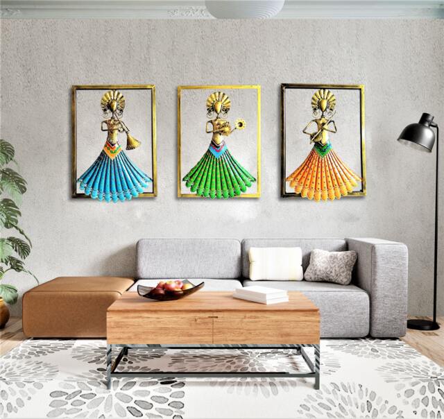 Indian Handmade Metal Wall Art Lady Musician, Home D??cor, Luxury Style Housewarming Gifts, Set Of 3 Pieces - image 1