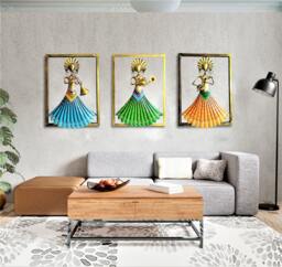 Indian Handmade Metal Wall Art Lady Musician, Home D??cor, Luxury Style Housewarming Gifts, Set Of 3 Pieces - thumbnail 1