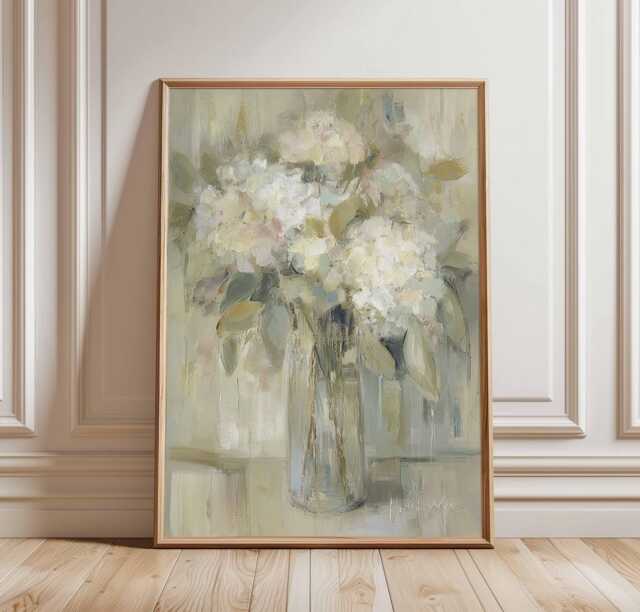 Neutral Floral Wall Art Print, Hydrangea Vase Painting in Soft Beige Tones, Elegant Botanical Poster For Bedroom Or Living Room Decor - image 1