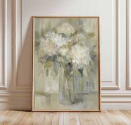 Neutral Floral Wall Art Print, Hydrangea Vase Painting in Soft Beige Tones, Elegant Botanical Poster For Bedroom Or Living Room Decor - thumbnail 1