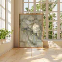 Neutral Floral Wall Art Print, Hydrangea Vase Painting in Soft Beige Tones, Elegant Botanical Poster For Bedroom Or Living Room Decor - thumbnail 2