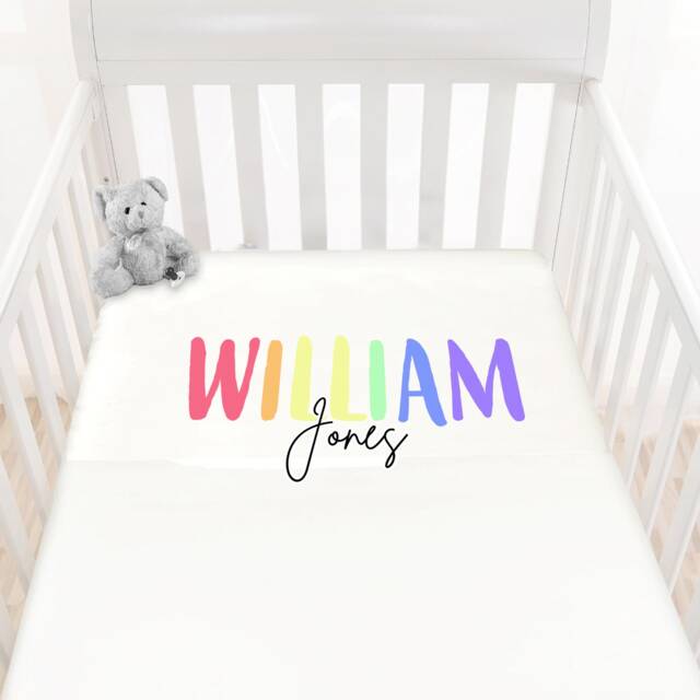 Personalised Custom Bedding Sheet, Cot, Crib, Toddler Bed, Princess Theme Nursery, Any Name, Rainbow Text, New Baby Gift, Decor