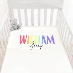 Personalised Custom Bedding Sheet, Cot, Crib, Toddler Bed, Princess Theme Nursery, Any Name, Rainbow Text, New Baby Gift, Decor - thumbnail 1