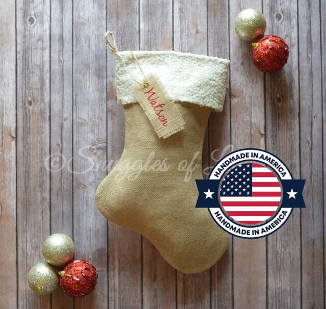Personalized Burlap Christmas Stocking Handmade With Ivory Sequin Cuff - image 1