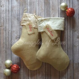 Personalized Burlap Christmas Stocking Handmade With Ivory Sequin Cuff - thumbnail 2