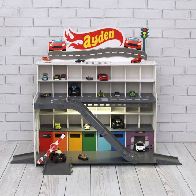 Personalized Wooden Toy Car Garage, Storage Display Shelf, Kids Gift - image 1