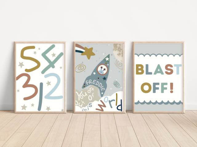 Set Of 3 Space Prints With A Personalised Rocket Print. Perfect For Nursery, Bedroom Or Playroom - Prints Only - image 1