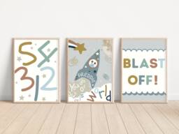Set Of 3 Space Prints With A Personalised Rocket Print. Perfect For Nursery, Bedroom Or Playroom - Prints Only - thumbnail 1