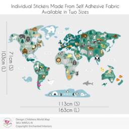 Childrens World Map Wall Sticker, Animal Nursery Decal, Large Kids Fabric Stickers - thumbnail 2